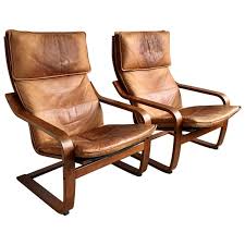 Set Of Two Vintage Cognas Leather Poang Chairs By Noboru Nakamura For Ikea 1999 Leather Easy Chair Vintage Lounge Chair Minimalist Armchair