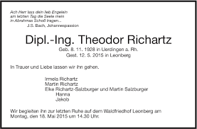 Offiziell bestätigt wurde der deal. Traueranzeigen Von Theodor Richartz Stuttgart Gedenkt De