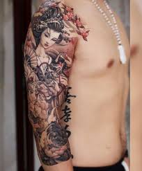 Glorious Japanese Cherry Blossom And Geisha Sleeve Tattoo For Men Sleeve Tattoos Geisha Tattoo Design Blossom Tattoo