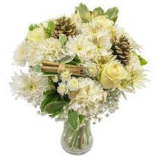 Let It Snow White Flowers Roses Chrysanthemums Carnations Pinecone Winter Christmas Bouquet Holida Winter Flowers Christmas Flowers Christmas Bouquet