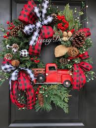 Red Truck Wreath Buffalo Plaid Wreath Red Truck Christmas Wreath Rustic Christmas Wrea Outside Christmas Decorations Christmas Wreaths Christmas Wreaths Diy