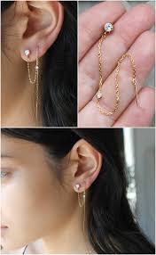 Cubic Zirconia Threader Earrings, 14k Gold Filled CZ Diamond Post Stud,  Double Piercing, Connected Earrings, Thread, Christmas Gift