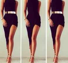 One Leg Out Black Dress Fashion Ladies Mini Dresses Round Collar Dress