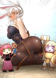 moonjunk, annie (league of legends), battle bunny riven, kumakichi  (character), poppy (league of legends), riven (league of legends), gag manga  biyori, league of legends, bad id, bad pixiv id, highres, 3girls, animal