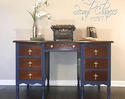 Painted Annie Sloan Napoleonic Blue Black Wax Espresso Wood Stain Browse Unique Items From Secondchancesbymisty On Etsy Staining Wood Vintage Desk Furniture