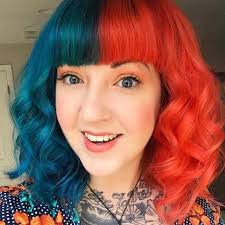 Split Hair Dye Blue Orange In 2020 Dyed Hair Split Hair Hair Color