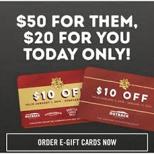 Buy a discounted outback steakhouse gift card to save money on top of sales and promo coupon codes for the best deal. Today Only Gift Card Deal Buy 50 Egift Card Outback Steakhouse Get 20 Gc For Free Dealmoon