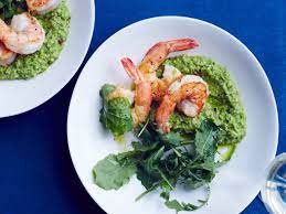 Pan Fried Shrimp With Lemony Pea Pesto Recipe Recipe Seafood Entrees Pea Pesto Yummy Seafood