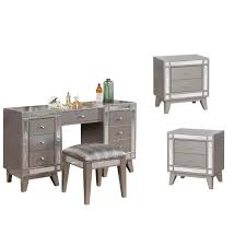 Coaster 4pc Vanity With Stool And Set Of 2 Nightstands In Silver 1899675 Pkg