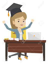 Graduado Sentado En La Mesa Con Ordenador Portátil Y Diploma. Graduado En  El Casquillo De La Graduación Usando La Computadora Portátil Para La  Educación. Concepto De Graduación En Línea. Ilustración De Diseño