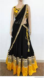 Black And Gold Combination Blouse Designs Black N Yellow Lehenga Half Saree Designs Half Saree Lehenga Saree Designs