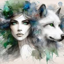 ink and alcohol painting, portrait of a wolf and another wolf below in a  forest, using mainly black and white. The illustration is detailed and uses  fine lines and shading to create