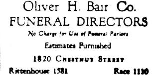 Ad For Oliver H Bair Co Funeral Directors From The Philadelphia Record Thursday April 25th 1929 Page 20 Funeral Director Funeral Director
