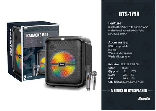 Brodu BTS 1740 karaoke Bluetooth Speaker 🔊 ✓ Lkr 13,500.00/- Specifications Brand : Brodu Model Number:Bts-1740 With Wired and Wireless Mic Battery capacity - Rechargeable Li battery 1800mAh Speaker:8 inch x 30W