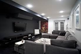 Dark Grey Feat Black Theme Wallpaper Theater Room With Big Size Painting On Wall And Nice Floor Media Room Seating Media Room Design Home Theater Rooms Gameroom with wallpaper & media room design.