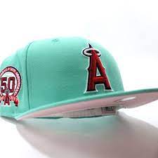 Anaheimangels 50th Anniversity 59fifty Fitted Neweracap In Mint Pinkunderbrim Ecapcity Fitted Hats Mens Hats Baseball Hats For Men