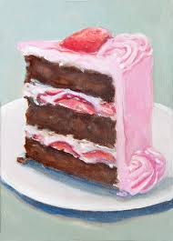 Slice Of Chocolate Cake With Pink Frosting Original Painting Etsy Cake Drawing Food Painting Cake Art