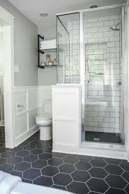 Bathroom Wainscoting Dark Gray Hexagon Tiles Industrial Shelving Toilet Location Master Bathroom Renovation Bathroom Remodel Master Small Bathroom Remodel