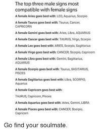 Which star signs should a cancer man or woman date? The Top Three Male Signs Most Compatible With Female Signs A Female Aries Goes Best With Leo Aquarius Scorpio A Female Taurus Goes Best With Taurus Cancer Capricorn A Female Gemini Goes