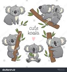 Cute Gray Koala In Differet Poses Set Sitting Climbing The Tree With A Baby Vector Illustration Cartoon Animal I Cartoon Animals Vector Illustration Koala