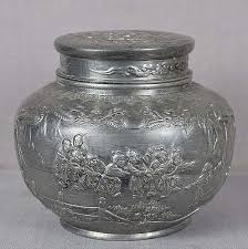 Lacquer tea caddy, c.1840, of octagonal form, decorated with figures within landscapes, on a brown lacquer ground, the cover. 19c Chinese Pewter Tea Caddy Children At Play Item 1346727