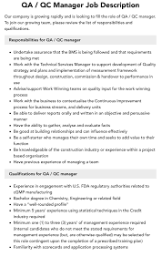 Qa / Qc Manager Job Description | Velvet Jobs