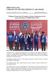 The team won nine gold medals in the 2007 games, the most it ever had at that time. Philippine Team Wins 16 Medals In Artistic Gymnastics At The Special Olympics Ix Mena Games 2018