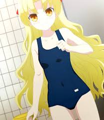 kaginoji chitose, tonikaku kawaii, absurdres, anime screenshot, highres,  stitched, third-party edit, 1girl, blonde hair, blue one-piece swimsuit,  blush, breasts, collarbone, gluteal fold, hair ribbon, long hair, looking  at viewer, one-piece swimsuit ...