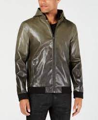 I N C Men S Faux Leather Hooded Jacket Created For Macy S Green M Leatherjacket Faux Leather Bomber Jacket Faux Leather Hooded Jacket Flight Bomber Jacket