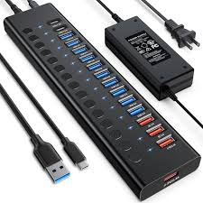 Amazon.com: Powered USB 3.0 Hub, 16-Port USB C Hub Splitter (10 USB 3.0+2  QC 3.0+2 Smart Charging+2 USB-C 3.0) with Individual Switches, 12V 7.5A 90W  UL Certified Power Adapter for Laptop, Mac,