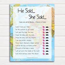 Editable He Said She Said Baby Shower Games Printable Baby Etsy Printable Baby Shower Games Travel Baby Showers Adventure Awaits Baby Shower
