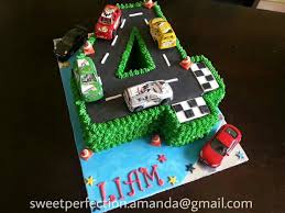 Birthday Cake For Kids Boys Car Number 4 Shaped Cake Racing Track Cars Theme Buttercream Piped Grass Fondant Race Track Detai Cars Birthday Cake Boy Birthday Cake Birthday Cake Kids Boys