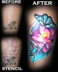 Tattoo cover up pictures before and after | tattoo removal or coverup. Butterflies And Flower Colorful Coverup Tattoo Idea