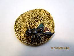 Straw Hat Pin Signed Mfa Pin Brooch Goldtone Enamel Hat Pin Unique Items Products Hat Pins Brooch