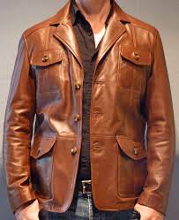 Bombardier marron pour homme col chemise, manches longues 2 poches zippées côtés dessus : Veste Demi Longueur En Cuir Marron Clair Pour Homme