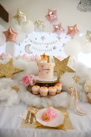 Star & moon decorations, metallic star decorations, hanging stars. Twinkle Twinkle Little Star Birthday Party Kara S Party Ideas Star Birthday Party Baby Birthday Party Girl Baby Girl Birthday Theme