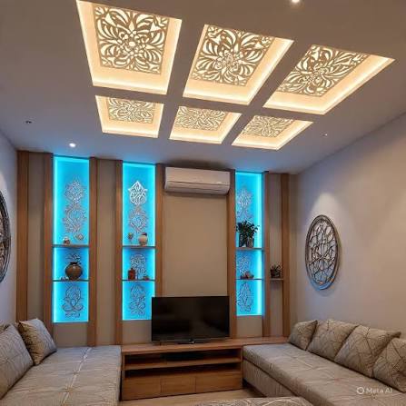Modern living room interior with a decorative false ceiling featuring a 3×5  grid of recessed square panels, each fitted with intricate laser-cut floral  patterns illuminated from behind. Combination lighting with warm white