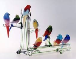 Murano Glass Garden Birds Kus Pembe Gul Heykel