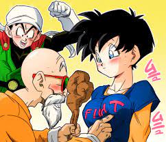yamamoto doujin, muten roushi, son gohan, videl, dragon ball, dragonball z,  highres, 1girl, age difference, angry, arm up, bald, beard, black hair,  blue eyes, blue shirt, blush, breast poke, breasts, cape, clenched