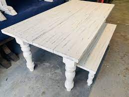 The neutral tone is just right for a classic farmhouse, coastal cottage, or traditional kitchen nook. 7ft Rustic Farmhouse Table And Bench With Turned Legs White Distressed Top And Base Wooden Dining Table Kitchen Table