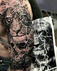 Realistic Lion Tattoo With Rays And A Tense Skull Realistic Lion Tattoo Lion Tattoo Half Sleeve Lion Tattoo Epic Tattoo