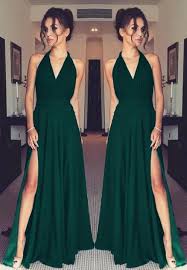 Long Chiffon Split Prom Dresses V Neck Prom Dress Halter Neckline Prom Dress Cheap Prom In 2020 Halter Prom Dresses Split Prom Dresses Emerald Green Bridesmaid Dresses