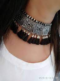 Afghani Oxidised Silver Long Tassel Choker Necklace Black Silver Jewellery Indian Black Choker Necklace Silver Jewelry Fashion
