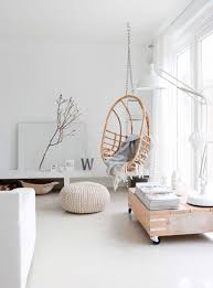White Living Room With Rattan Hanging Chair Living Room Design Modern Interior Living Room Designs