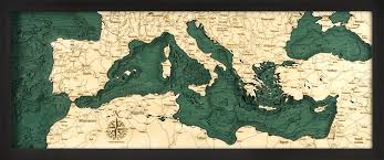 Mediterranean Sea 3 D Nautical Wood Chart 13 5 X 31 Dark Frame