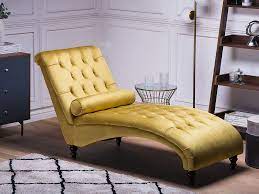 Because a chaise longue usually sits by itself, it can be more sculptural than other pieces of furniture. Velvet Chaise Lounge Mustard Muret Beliani De