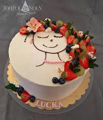 Simple Birthday Cake In Creame Mascarpone Version With Girl Chocolate Faces And Fresh Fruits For Little Girl Luc Simple Birthday Cake Drip Cakes Creative Cakes