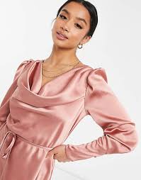River Island Petite Satin Cowl Neck Tie Waist Mini Dress In Beige Asos