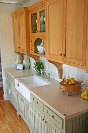 Love These Green Cabinets With This Countertop Stained Kitchen Cabinets Kitchen Design Country Cottage Kitchen