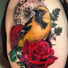 Bird And Rose Tattoo Yellow Bird With Red Roses Tattoo Yellow Rose Tattoos Floral Tattoo Red Rose Tattoo